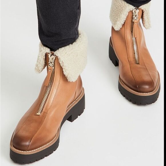 Sam Edelman‎ Jacquie 2 chestnut leather and shearling lug sole booties size 8.5 - Picture 1 of 17